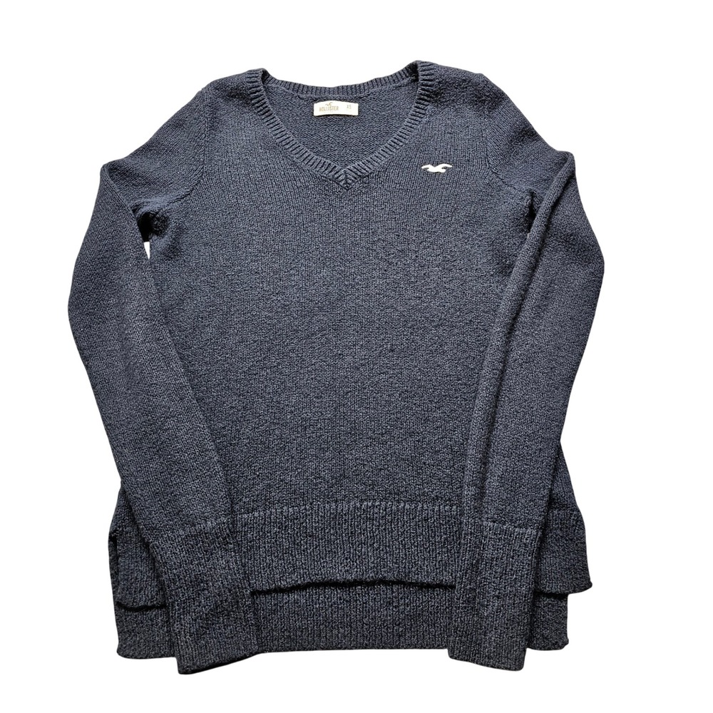 Hollister Womens XS Navy Blue V-Neck Knit Pullover Sweater High-Low Logo